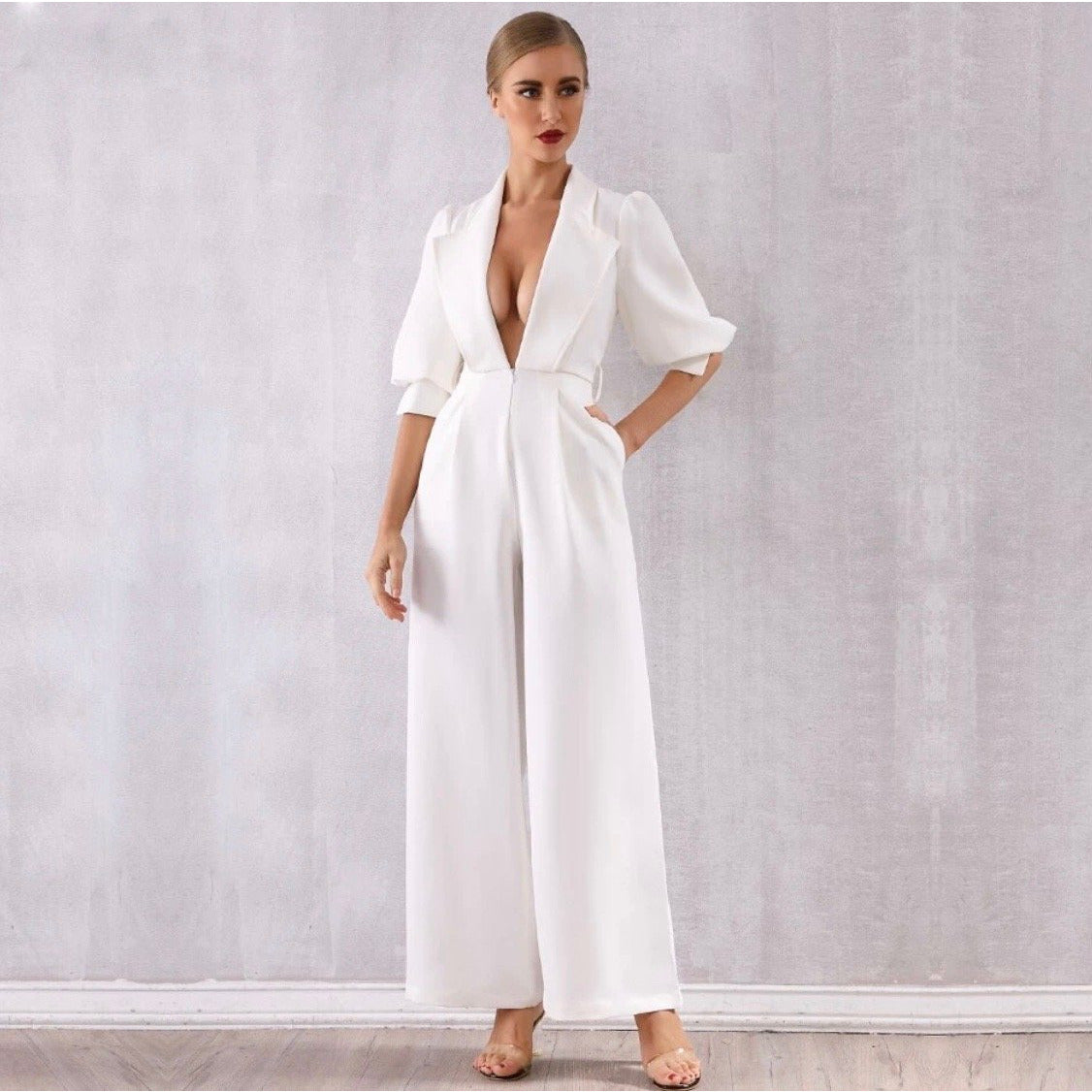 White Deep V-Neck Long Sleeve Jumpsuit