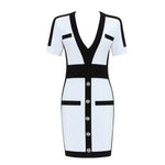 Black and White Button Embellished Bodycon Midi Dress