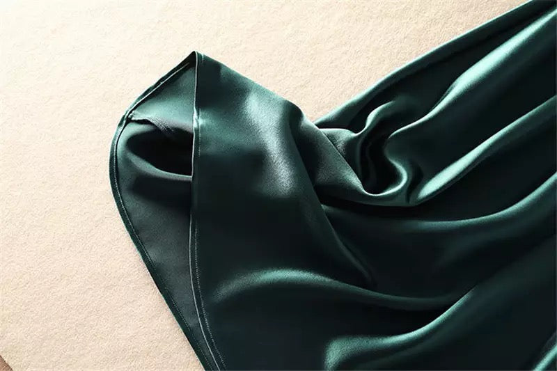 Green Satin Cowl Neck High Slit Evening Maxi Dress