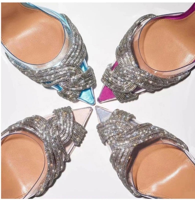 Pointed Toe Crystal Embellished PVC Slingback Heel