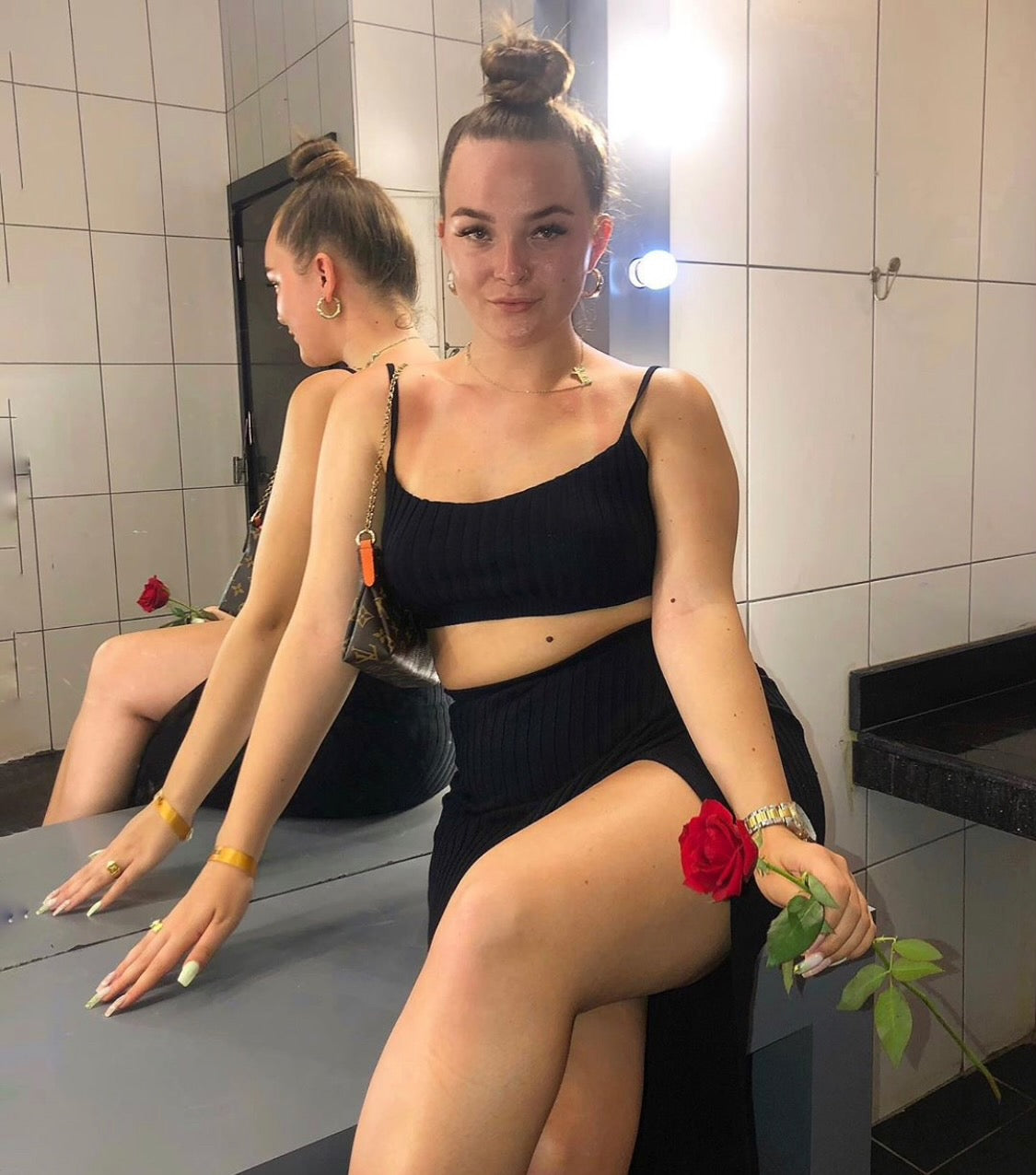 Beige Knitted Crop Top High Slit Midi Skirt Co-Ord Set