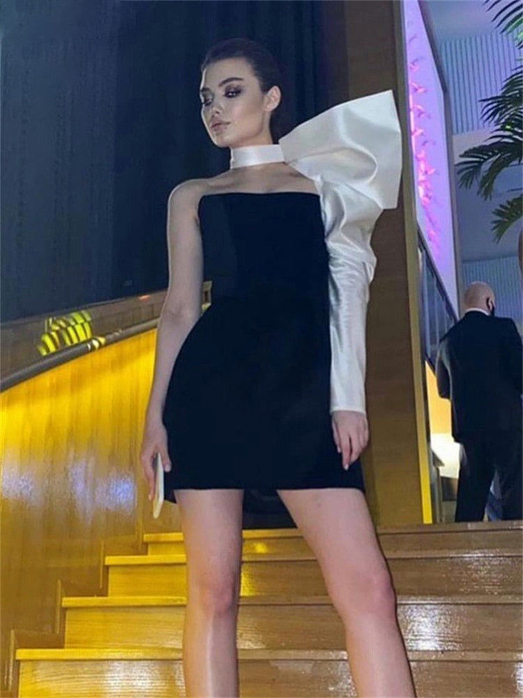 Black One Shoulder Puff Sleeve Bodycon Dress