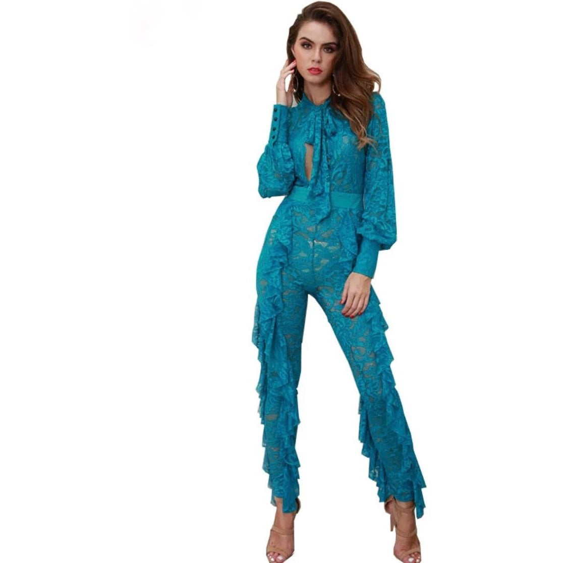 Long Sleeve Keyhole Lace Ruffles Jumpsuit