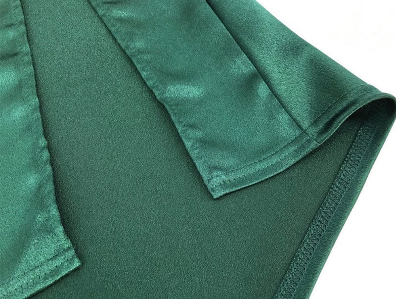 Green Satin Cowl Neck High Slit Evening Maxi Dress