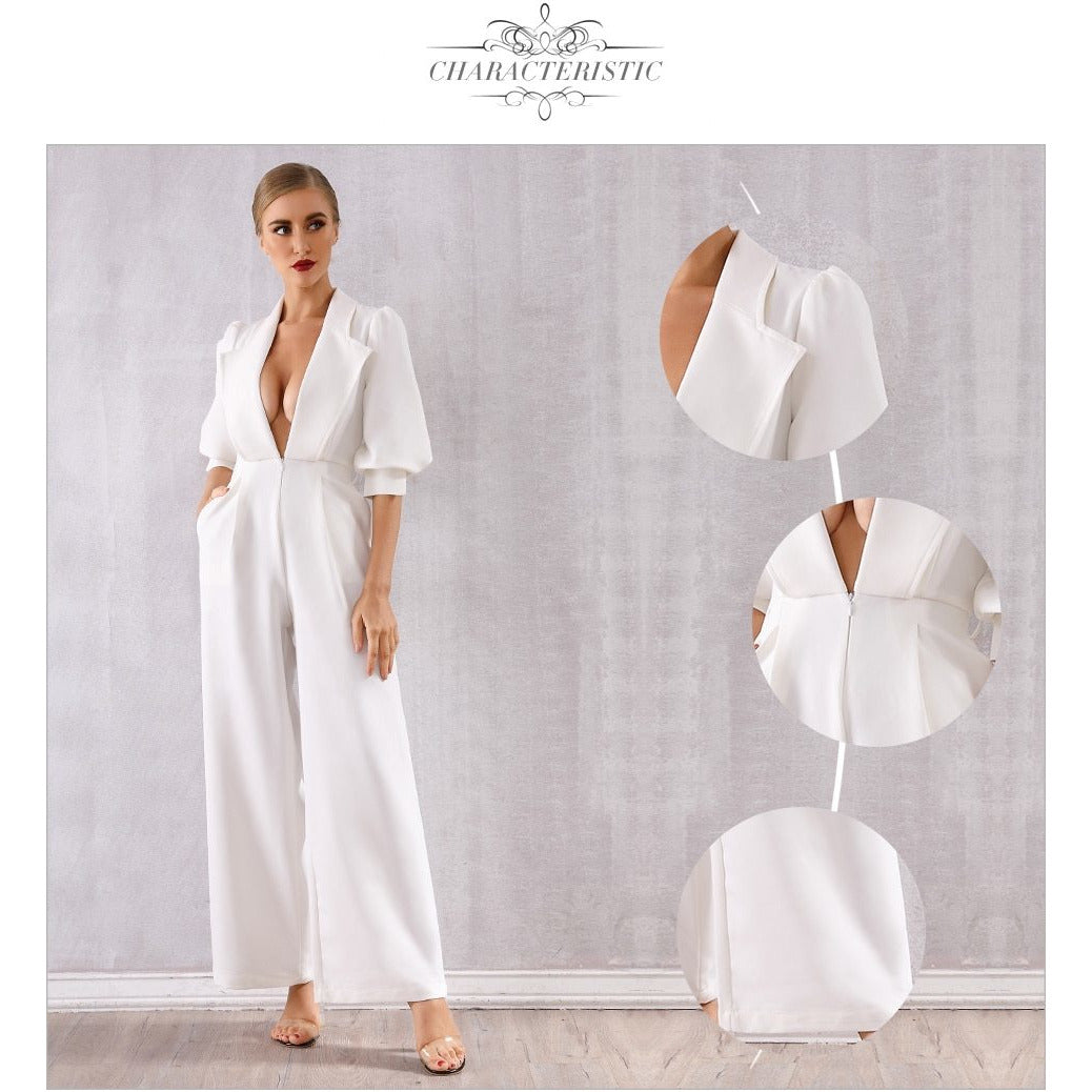 White Deep V-Neck Long Sleeve Jumpsuit