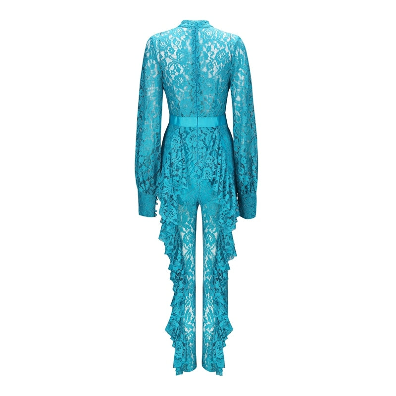 Long Sleeve Keyhole Lace Ruffles Jumpsuit