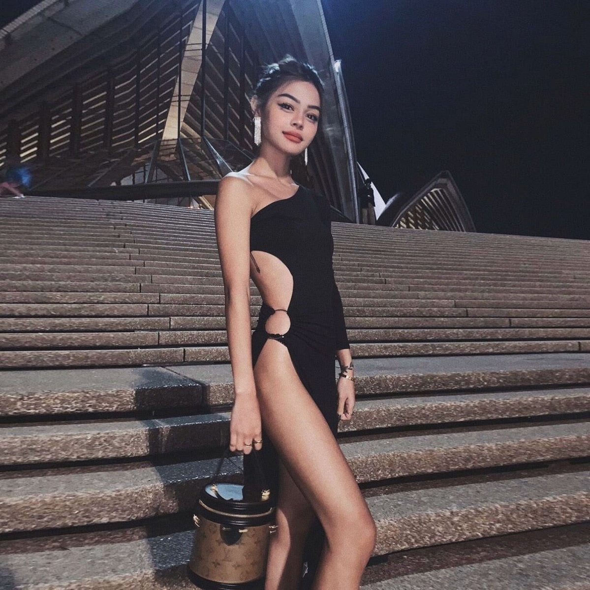 One Shoulder Side Slit Bodycon Midi Dress