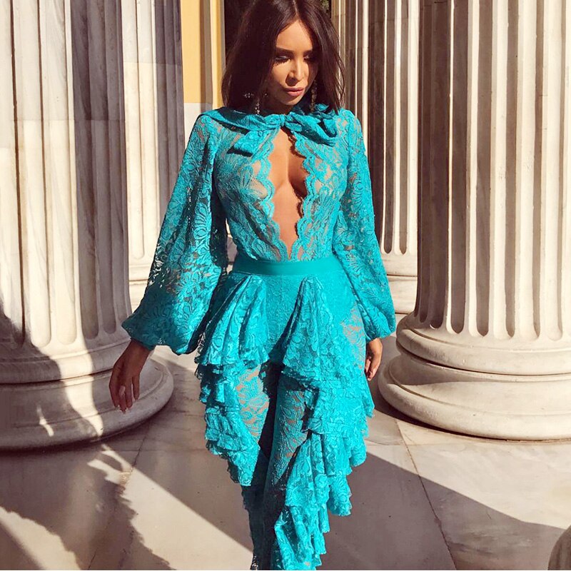 Long Sleeve Keyhole Lace Ruffles Jumpsuit