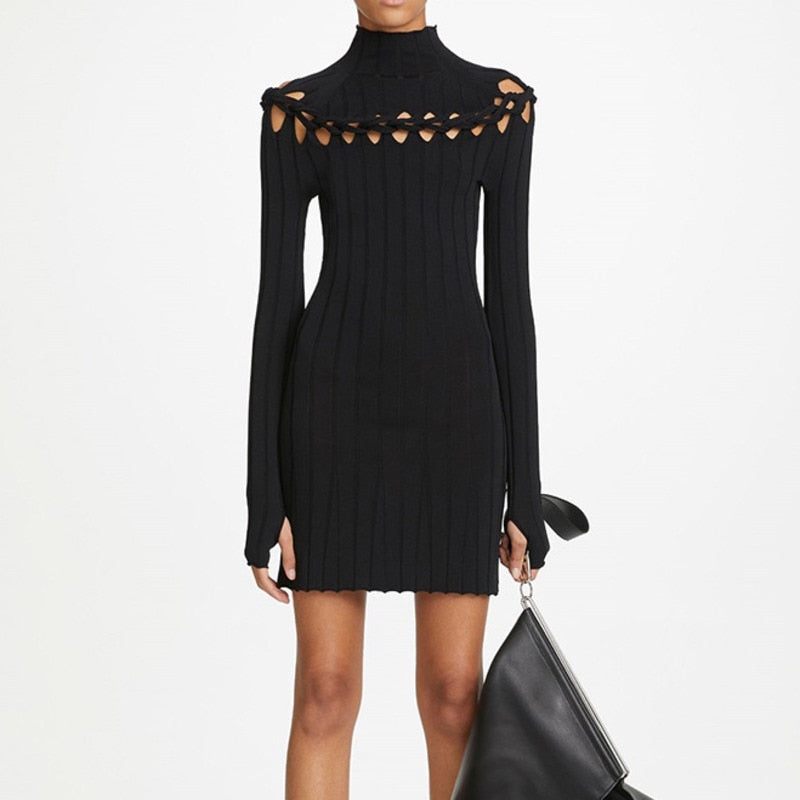 Ribbed Braided Turtleneck Mini Dress