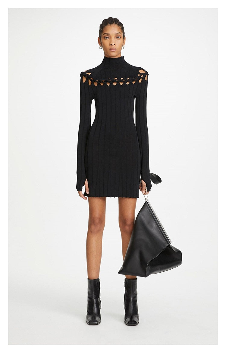Ribbed Braided Turtleneck Mini Dress