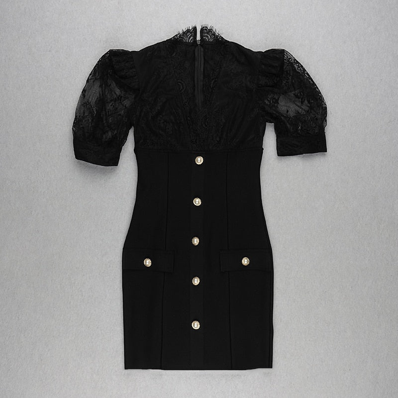 Black Lace Puff Sleeve Bandage Dress