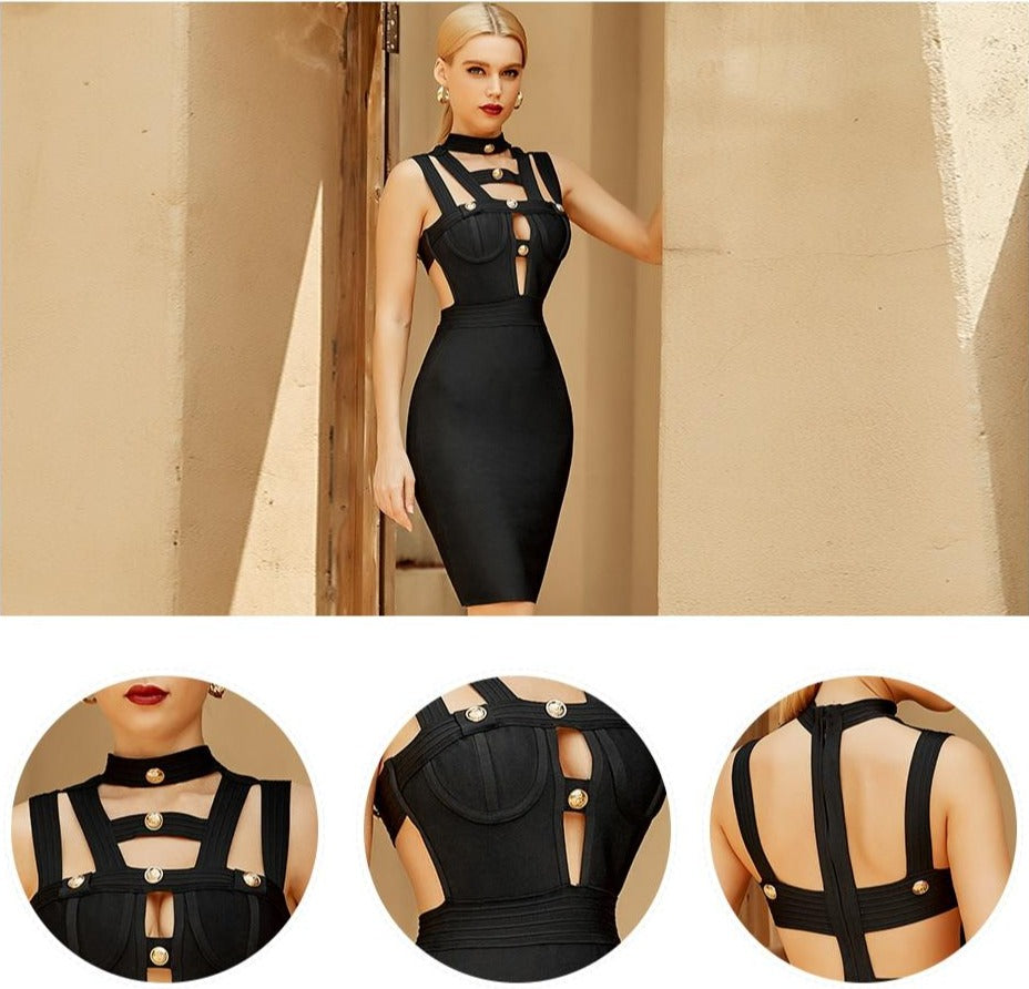 Black High Neck Gold Button Midi Dress