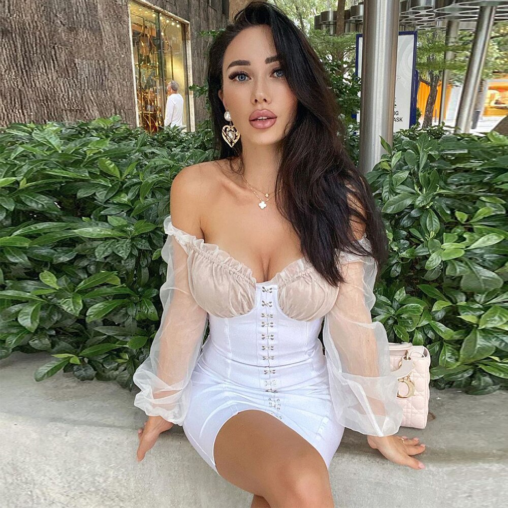 White Bardot Puff Sleeve Bandage Mini Dress