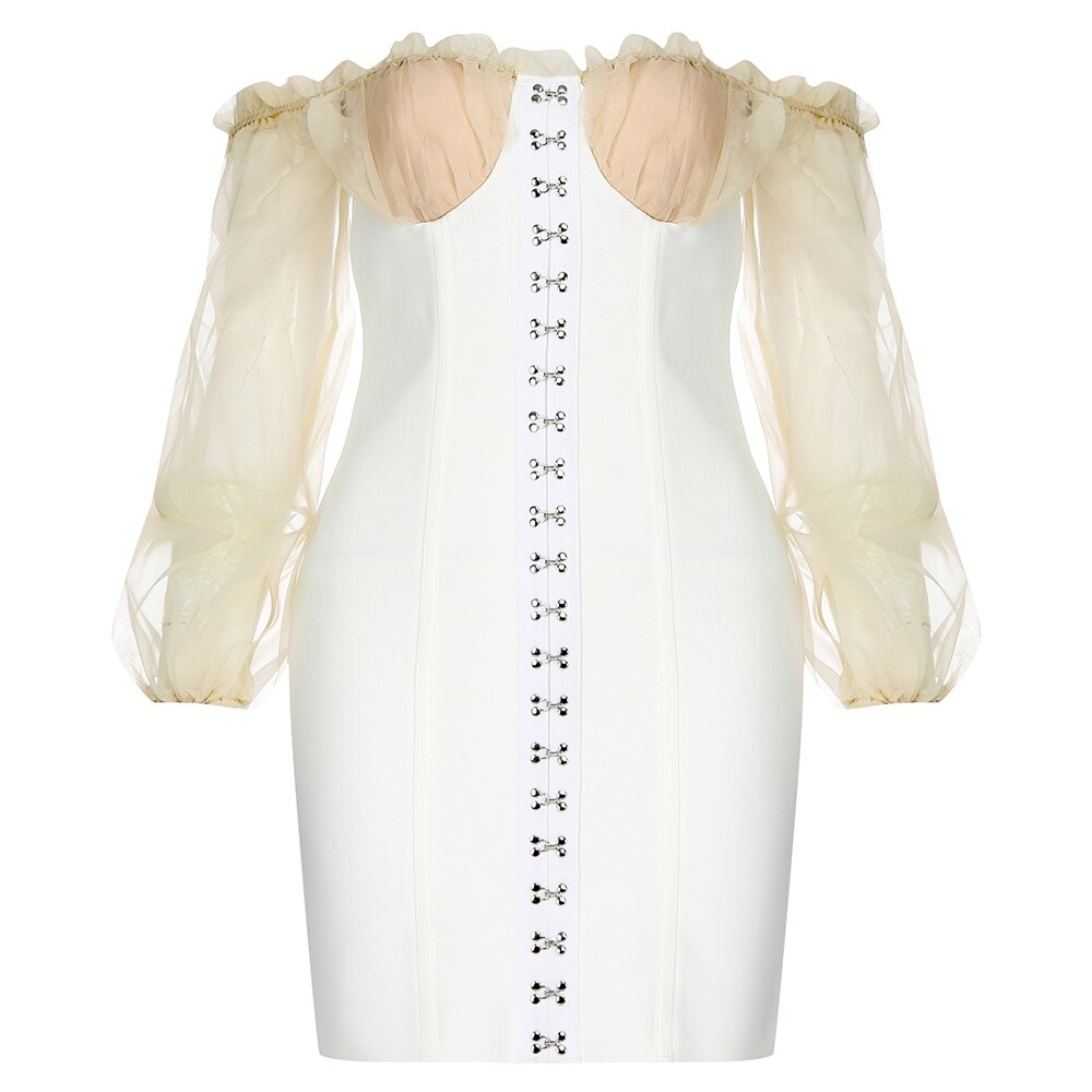 White Bardot Puff Sleeve Bandage Mini Dress