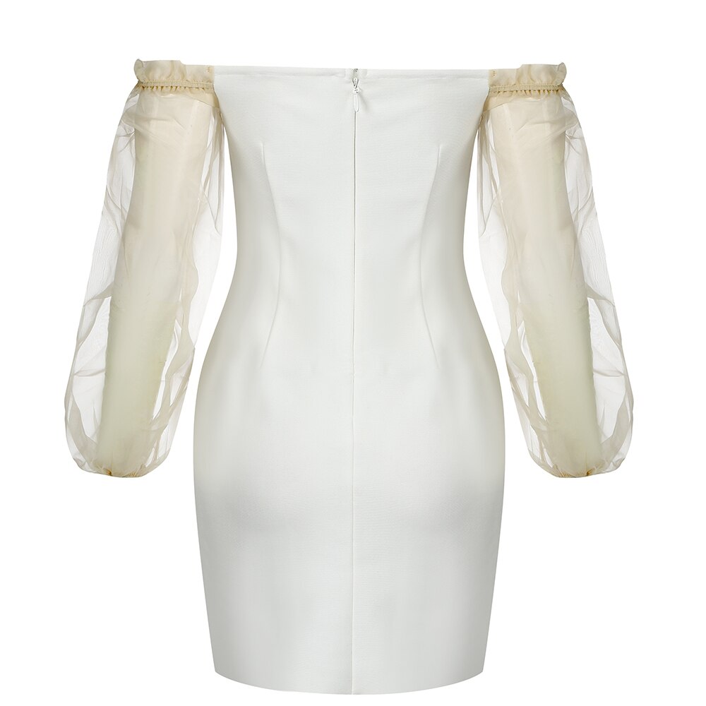 White Bardot Puff Sleeve Bandage Mini Dress