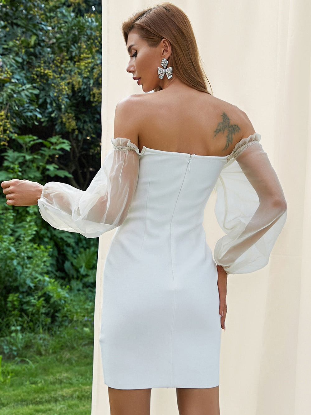 White Bardot Puff Sleeve Bandage Mini Dress