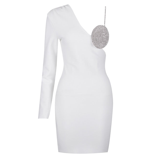 Black Diamante Cup One Shoulder Long Sleeve Bodycon Dress